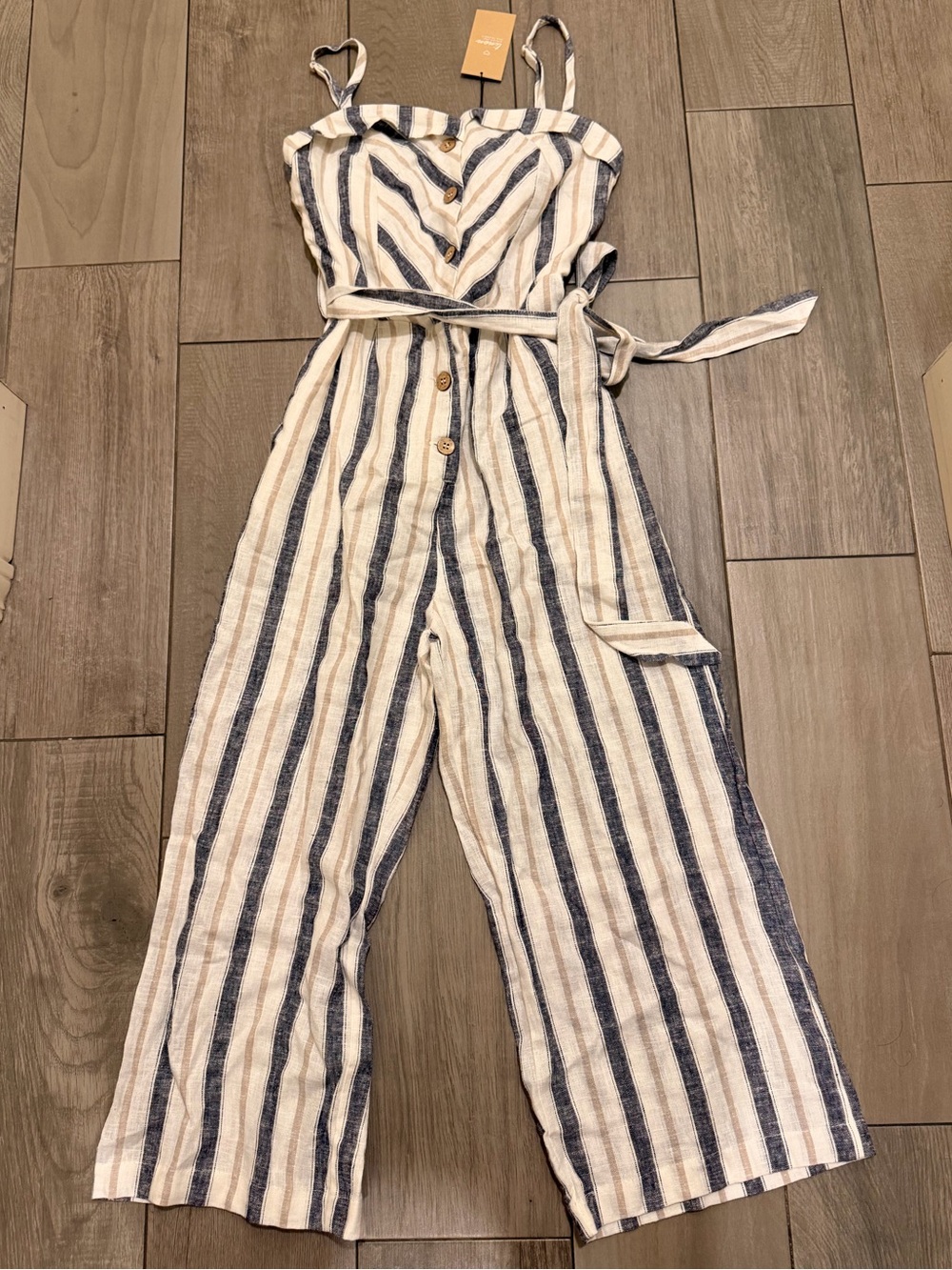 Love Tree Blue and White Striped Button-Front Jumpsuit with Belt